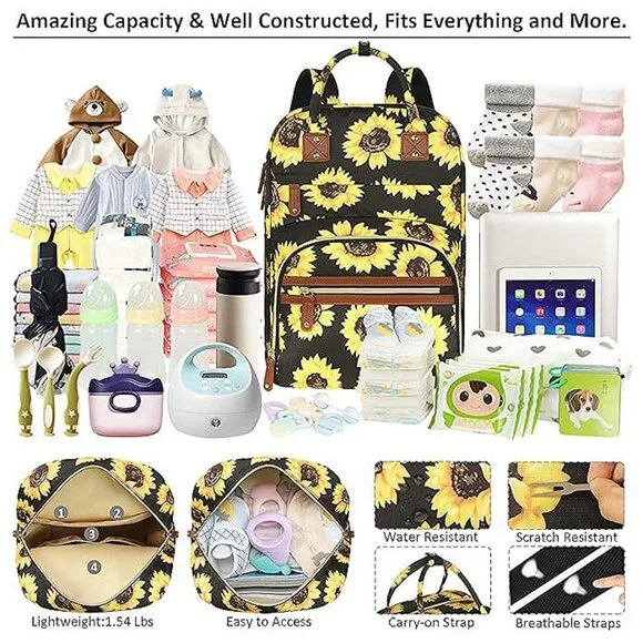 Diaper Bag Backpack for Women Large Capacity, Baby Bag Sunflower Floral - Picture 3 of 8